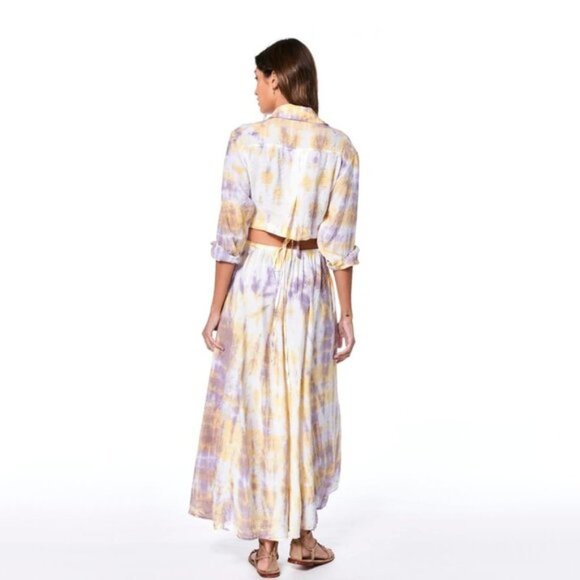 NWT YFB yellow gold and purple tie dye collared cutout wrap front tie sun dress - Picture 4 of 7